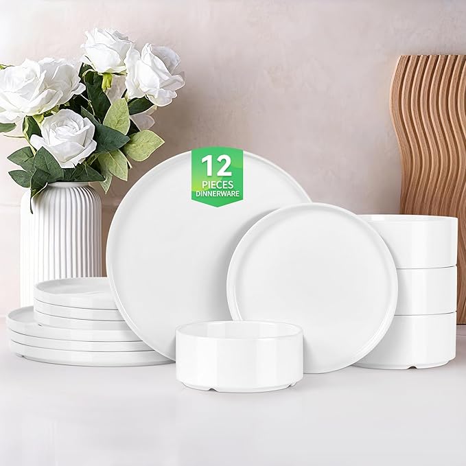 12pcs Dinnerware Sets with High Edge, Kitchen Plates and Bowls Set for 4, Chip and Scratch Resistant Porcelain Dishs Set - Dishwasher & Microwave Safe, QOMO-1996