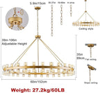 60 Inch Gold Wagon Wheel Chandelier with Crystal Shade, 60 Lights, Modern Farmhouse Style, Ideal for Dining Room, Kitchen, Entryways