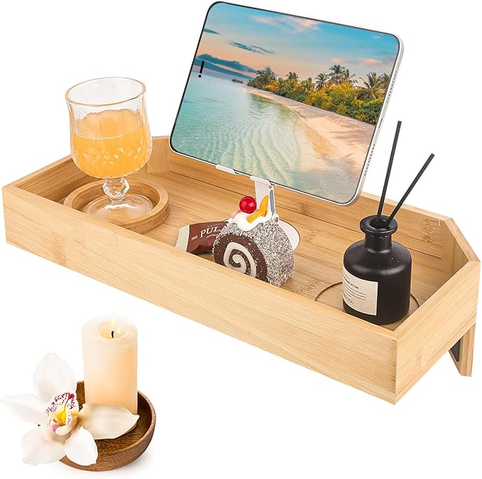 Bamboo Hot Tub Tray with Phone Slot Waterproof Bath Tub Tray Wood Non-Slip Side Table & Beverage Holder for Hot Tubs & Bathtubs for Drinks and Essentials Relaxation Caddy for Your Spa Time