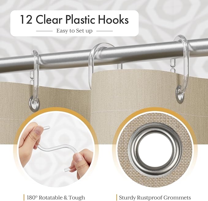 AmazerBath Farmhouse Shower Curtain, Brown Shower Curtain Set with Tassels, Rustic Faux Linen Brown Striped Boho Shower Curtain with Hooks, Warm Tan Toned, 72x72 Inches