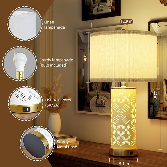 Ceramic Table Lamps Set of 2, UpDown Dual Light with USB C+A, 22"Bedroom Lamp&Beside Lamp with 3 Color Temperature for Bedroom and Living Room, Night Light for Nightstand and Desk Decor (With 2 Bulbs)