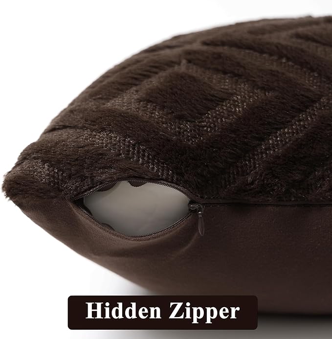 Pallene Brown Throw Pillow Covers 24x24 Set of 2, Soft Plush Faux Fur Decorative Couch Pillow Covers for Sofa Bed Living Room Pillow Cases with 3D Diamond Pattern