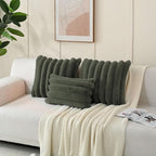 FUTEI Olive Green Decorative Throw Pillow Covers 24x24 Inch Set of 2, Square Soft Faux Rabbit Fur Big Striped Pillow Sham,Home Decor for Couch Sofa Bed Living Room
