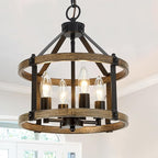 4-Light Farmhouse Chandelier, 12.5 Inch Rustic Black and Vintage Wood Finish Chandeliers for Dining Room Light Fixture, Adjustable Height Hanging Light for Kitchen Island, Entryway, Indoor