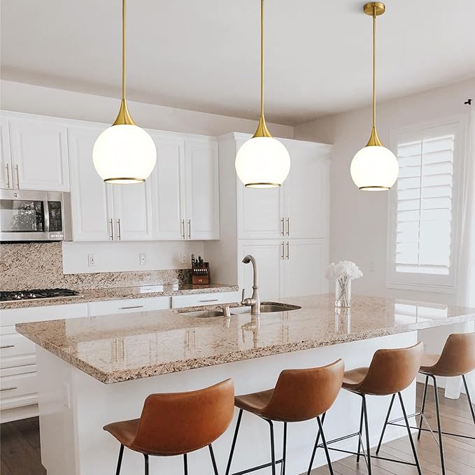Pendant Lights Kitchen Island: Brushed Gold Light Fixture Farmhouse with Milk Glass - 10 Inch Mid Century Globe Kitchen Lighting Fixtures Ceiling for Dining Room