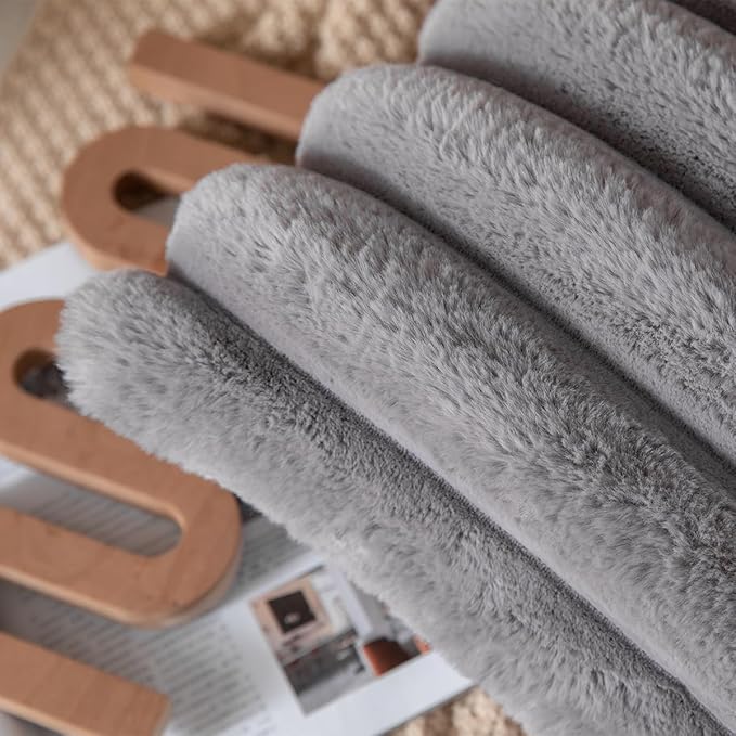 Faux Fur Plush Throw Pillow Covers 12x20 Inch Set of 2 - Luxury Decorative Fuzzy Striped Soft Cozy Pillowcase for Couch, Sofa, Living Room - Darkgrey