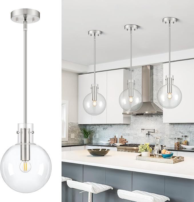 Brushed Nickel Pendant Lights Kitchen Island, 1-Light 8" Large Globe Glass Hanging Light Fixtures with Clear Glass, Modern Kitchen Pendant Lighting Over Island for Sink Bathroom, OS-JJ528-1PBN