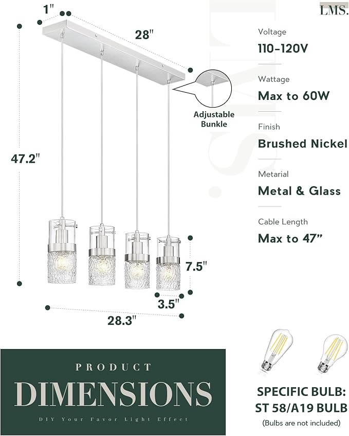 LMS 4-LightIsland Lighting, Brushed Nickel Kitchen Island Light Fixture, Farmhouse Linear Chandeliers for Dining Room Over Table Pendant Light with Hammered Glass for Living Room, LMS-171BN4L