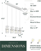 LMS 4-LightIsland Lighting, Brushed Nickel Kitchen Island Light Fixture, Farmhouse Linear Chandeliers for Dining Room Over Table Pendant Light with Hammered Glass for Living Room, LMS-171BN4L
