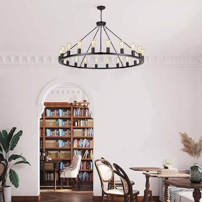 Wagon Wheel Chandelier, Large Black Farmhouse Chandelier for Dining Room Light Fixture, 20-Light 48 Inch Extra Hanging Lighting for High Ceilings Living Room Kitchen Island Foyer Villa