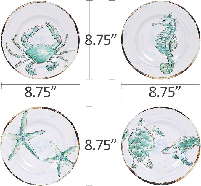 Melamine Salad Plates Set of 4, Salad/Dessert Plate for Outdoor/Indoor Use, Shatterproof, BPA Free, Dishwasher Safe Small Dinner Plates, Marine Life