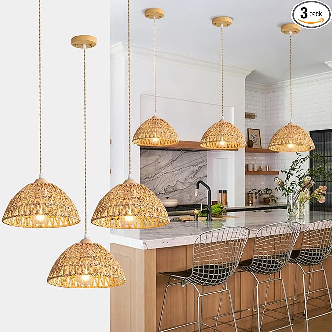 Farmhouse Wicker Pendant Light, 3-Light Boho Rattan Chandelier Light Fixture, Ceiling Hanging with Woven Lampshade, for Kitchen Bedroom Island Hallway, ETL Listed