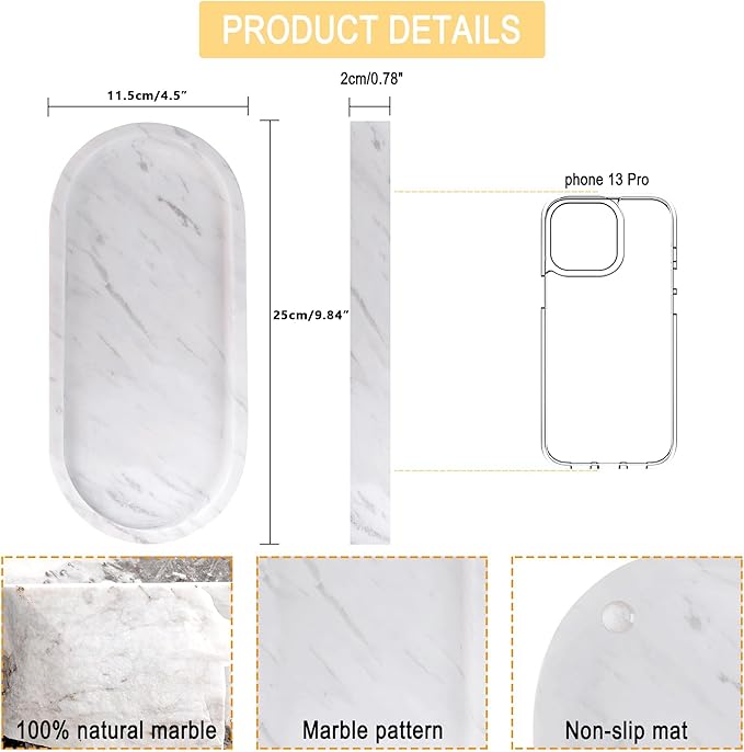 WORHE Natural Marble Vanity Tray Italy Oval Stone Trays for Candles Perfume, Decorative Jewelry Dish for Small Items, Countertop Storage Organizer for Home Bathroom Kitchen Matte Surface White (BH101)