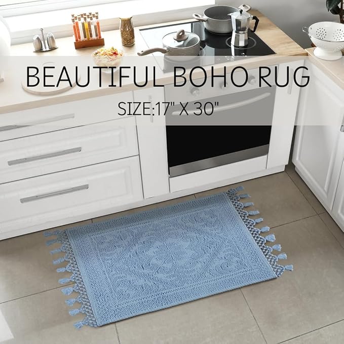 Savi Home Cotton Woven Jacquard Bathroom Rug, Woven Fringe Bathroom Mats, 100% Cotton, Non - Slip Bath Mat, Durable Thick Bath Mat 17”x30” with Fringes, Sky Blue