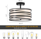 Drum Semi Flush Mount Ceiling Light Fixture Vintage Modern Farmhouse 2-Lights Linen Drum Ceiling Lighting Rustic Black Ceiling lamp for Dining Room, Bedroom, Kitchen, Laundry Room