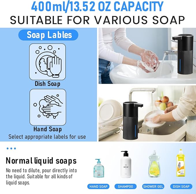 Automatic Soap Dispenser Touchless, USB Rechargeable Smart Hand Soap Dispenser, 4 Levels Adjustable, 13.5 oz/400 ml Wall Mounted for Bathroom, Kitchen (Thick Black)