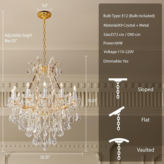 Modern Crystal Chandeliers, Gold Candle Chandelier -Luxury Chandelier Lighting Fixtures for Dining Room, Foyer, Staircase Hallway Living Room Entryway, 12 Lights