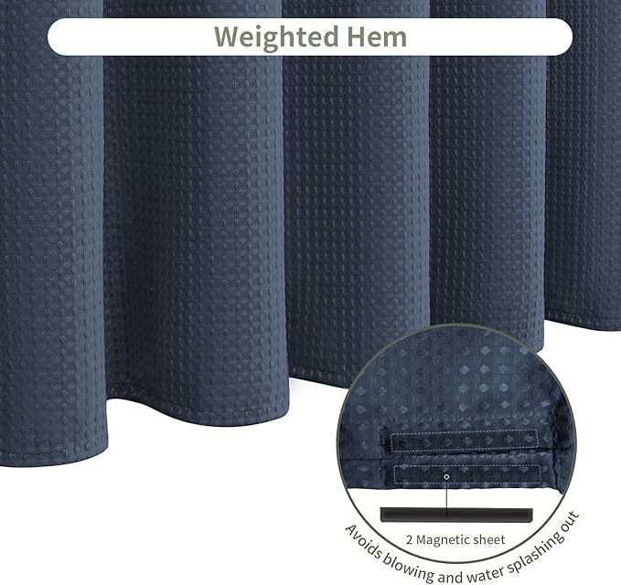 Inhousolu Fabric Shower Curtain Waffle Weave, Navy Blue 230 GSM Heavy Duty, Weighted Hem, 14 Metal Hooks, Water Repellent, Machine Washable, Hotel Spa Luxury Bath Curtain Set, 72 x 84 Inch