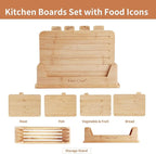 14.56"L x 11"W Bamboo Cutting Board Set of 4 - Wood Cutting Board Set with Holder, Chopping Boards Set with Food Icons, Juice Groove - Ideal for Meat, Fish, Bread, Vegetable, Fruit Chopping