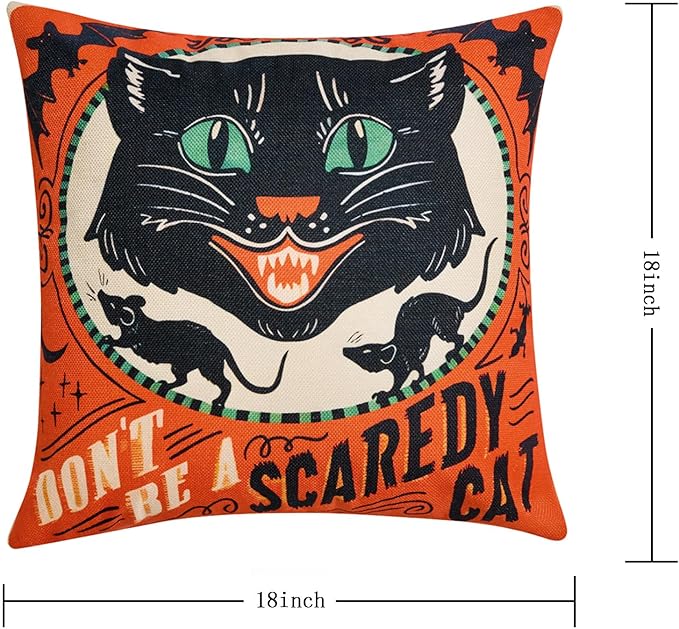 Vintage Halloween Decor-Throw Pillow Covers 18x18 in set of 4,Retro Linen Pillow Case with Scaredy Cats Pumpkins Skull Bats for Couch Fall Holiday Outdoor Burnt Orange Green Black Decorations