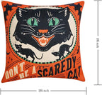 Vintage Halloween Decor-Throw Pillow Covers 18x18 in set of 4,Retro Linen Pillow Case with Scaredy Cats Pumpkins Skull Bats for Couch Fall Holiday Outdoor Burnt Orange Green Black Decorations