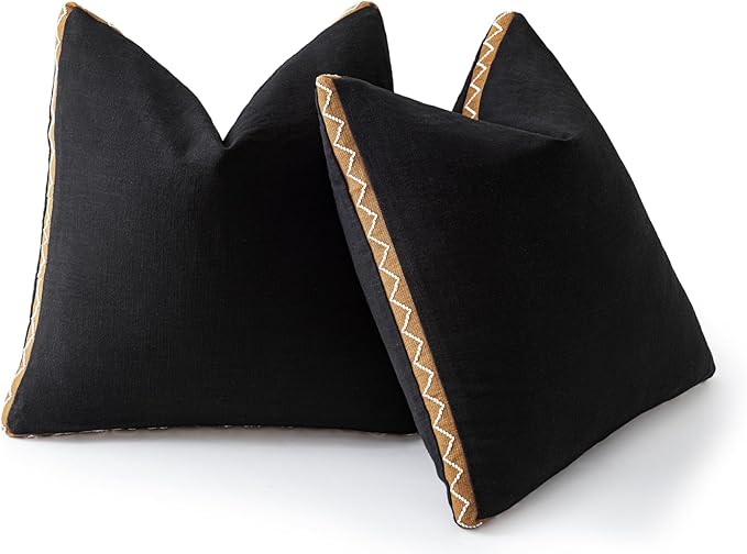 Decorative Neutral Linen Throw Pillow Covers 20x20 Inch Set of 2, Black Boho Farmhouse Pillow Covers with Braid Fringe for Sofa Bed Modern Couch Pillow Cases for Organic Home Decor