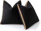 Decorative Neutral Linen Throw Pillow Covers 20x20 Inch Set of 2, Black Boho Farmhouse Pillow Covers with Braid Fringe for Sofa Bed Modern Couch Pillow Cases for Organic Home Decor
