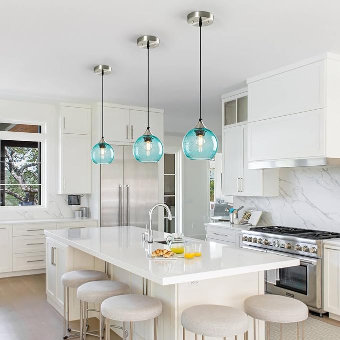 Light Blue Glass Pendant Lights Kitchen Island Globe Pendant Light Fixtures Modern Pendant Lighting for Bedroom Living Dining Room Light Fixture (5.9 in, 1 Pack)