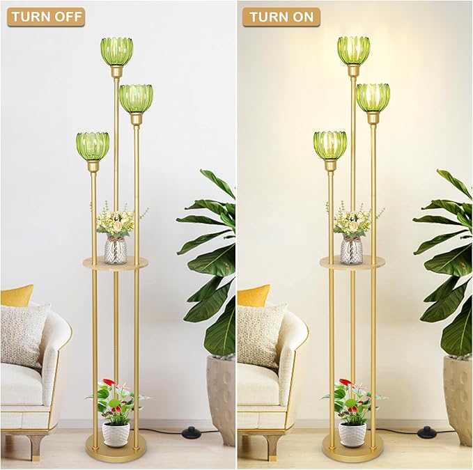 HMVPL Gold Floor Lamp for Living Room, Boho Floor Lamp with Shelves, Vintage Standing Lamp with Table, Brass Flower Tall Lamp with Green Glass Shade, On/Off Switch, Mid Century Corner Lamp for Bedroom