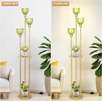 HMVPL Gold Floor Lamp for Living Room, Boho Floor Lamp with Shelves, Vintage Standing Lamp with Table, Brass Flower Tall Lamp with Green Glass Shade, On/Off Switch, Mid Century Corner Lamp for Bedroom