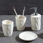 Bathroom Accessories Set, 4 PCS Modern Stone Look Bathroom Accessory Set with Hand Soap Dispenser 11.5 OZ, Tumblers, Toothbrush Holder, Bar Soap Dish Holder Saver (White)