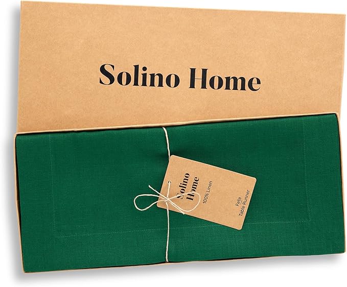 Solino Home Linen Table Runner 36 Inches - 100% Pure Linen Christmas Green Table Runner 14 x 36 Inch Ideal for Dresser and Coffee Tables - Thanksgiving - Fete