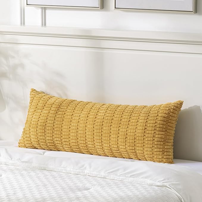 Fancy Homi Mustard Yellow Long Body Lumbar Lumbar Decorative Throw Pillow Covers 20x54 Inch for Bed Couch Bedroom Bench, Soft Corduroy Rectangle Solid Pillow Case, Rustic Farmhouse Boho Room Decor