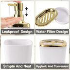 White Bathroom Accessories Set 8 Piece White and Gold Bathroom Set, Bathroom Sets with Stainless Steel Trash Can,Toilet Brush,Toothbrush Set,Soap Dispenser