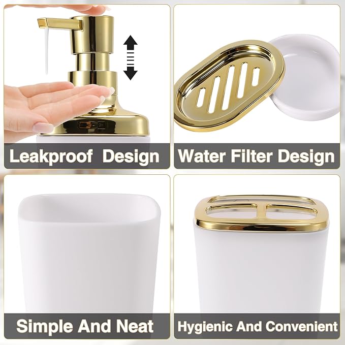 White Bathroom Accessories Set 8 Piece White and Gold Bathroom Set, Bathroom Sets with Stainless Steel Trash Can,Toilet Brush,Toothbrush Set,Soap Dispenser