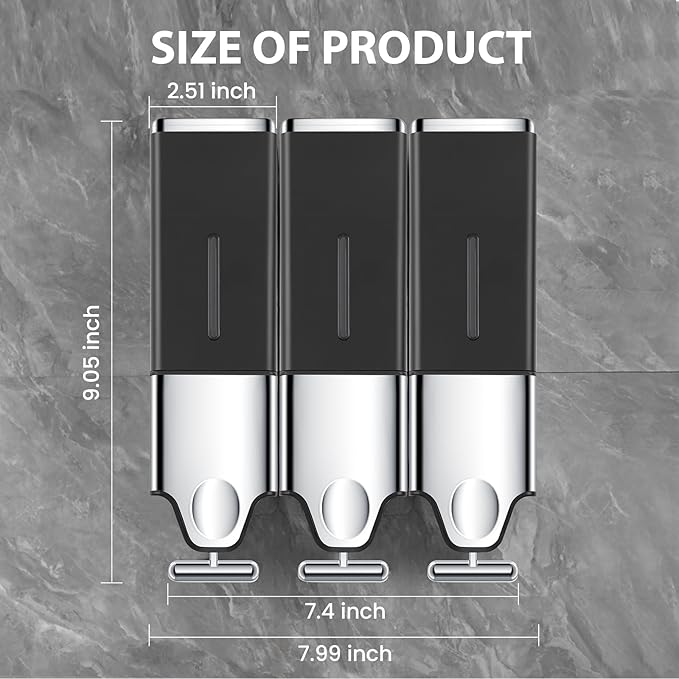 3-in-1 Quadrate Dispensers for The Shower,Shower soap Dispenser,Conditioner Dispenser, Shampoo Dispenser,No Drilled Wall Mounted Distributor,Hotel,Bathroom,Home (Triple, Black)