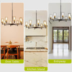 9MMML 8 Lights Black and Gold Chandelier, Modern Glass Ceiling Chandelier Light Fixture, Large Ceiling Hanging Light for Dining Room, Living Room, Bedroom, Kitchen, Over Table, Foyer, E26 Base