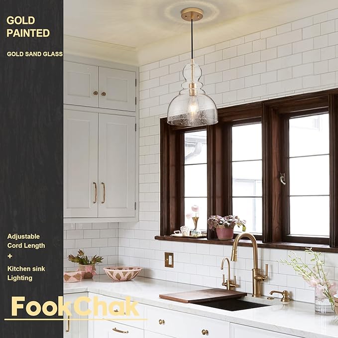 Gold Pendant Lights Kitchen Island, Large Gold Sand Glass Pendant Lighting Over Table 10inch Modern Brass Ceiling Island Light for Kitchen Sink Hallway Entrance