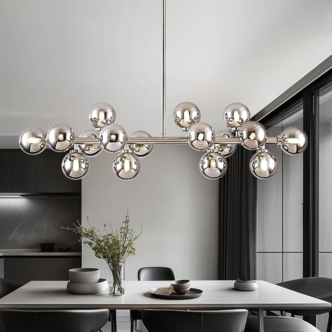 16-Light Globe Sputnik Chandelier, Mid Century Modern Light Fixture Over Table, Nickel Linear Chandeliers for Dining Room and Kitchen Island (Smoke Grey Glass Bubble Shades, 40 Inch)