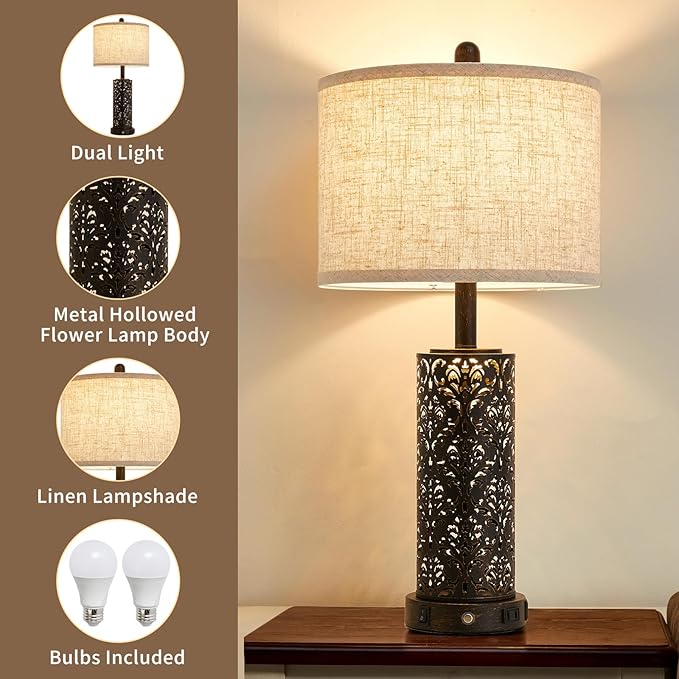 26" Farmhouse Table Lamp Dual Light 3-Way Dimmable Touch Control, 2 USB Ports + AC Outlet Rustic Bedside Lamp for Living Room Bedroom and Nightstand with Nightlight (Black-1 Pack)