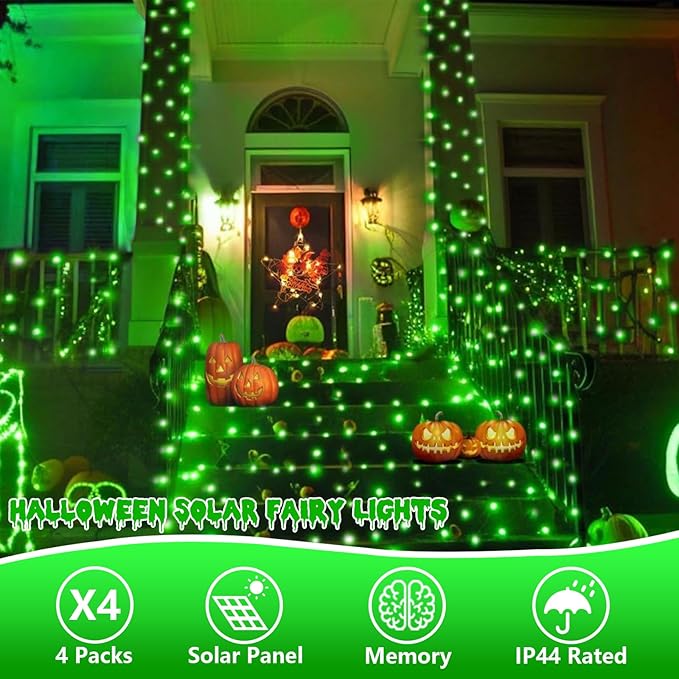 QITONG 4 Pack Green Solar Fairy Lights, Each 33ft 100 LED Halloween Lights Outdoor Waterproof, 8 Modes Silver Wire Christmas String Lights