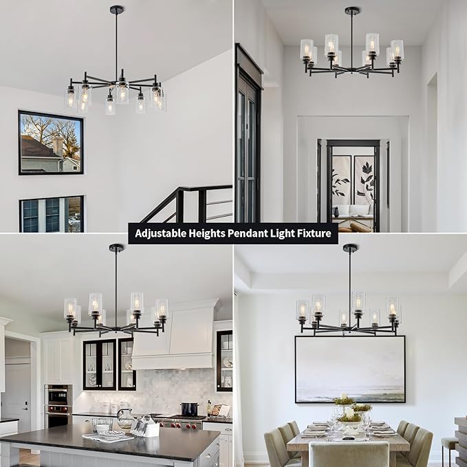 Matte Black Chandeliers for Dining Room, Farmhouse Chandeliers 8 Light Dining Room Light Fixture with Clear Glass Shades Pendant Lighting for Kitchen Island Living Room Staircase