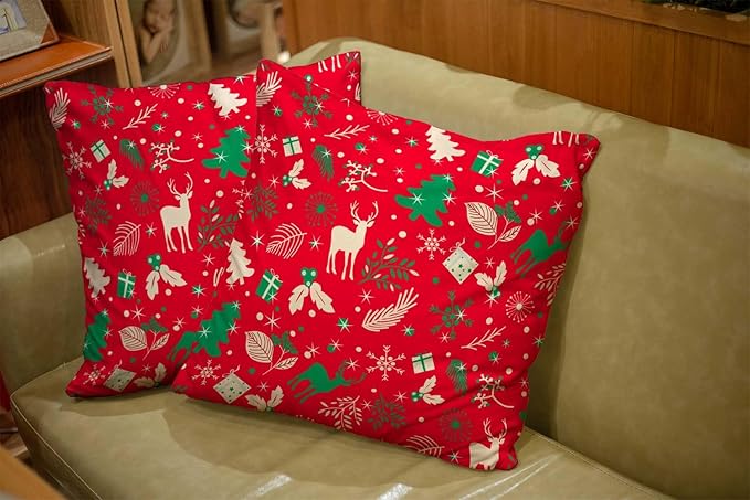 CAPSCEOLL 2PCS Red Pillow Cover 20X20Inch Green Christmas Reindeer Branch Cute Deer Floral Foliage Pine Tree Snowflake Standard Pillow Covers for Bedroom Sofa Living Room