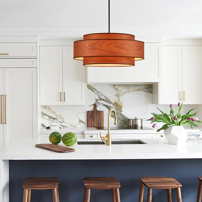Farmhouse 23.6" Large Drum Wooden Chandelier Vintage 6-Lights Chandelier with Wooden Finish Linen Shade Modern Retro Drum Chandeliers for Dining Room, Kitchen Island, Living Room, Bedroom