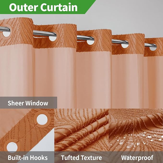no Hook Shower Curtain and Liner Set，Boho Style with See Through Top Window, BurntOrange Fabric Tufted Striped Textured Outer Curtain & Waterproof Inner Liner, Orange, 71Wx80H