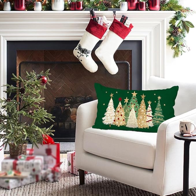 RABUSOFA Christmas Tree Pillow Covers 12x20 Inch,Watercolor Christmas Decorations Pillows Decorative Throw Pillows Gold Stars Xmas Lumbar Cushion Case for Home Decor Couch Winter Holiday(4-Green)
