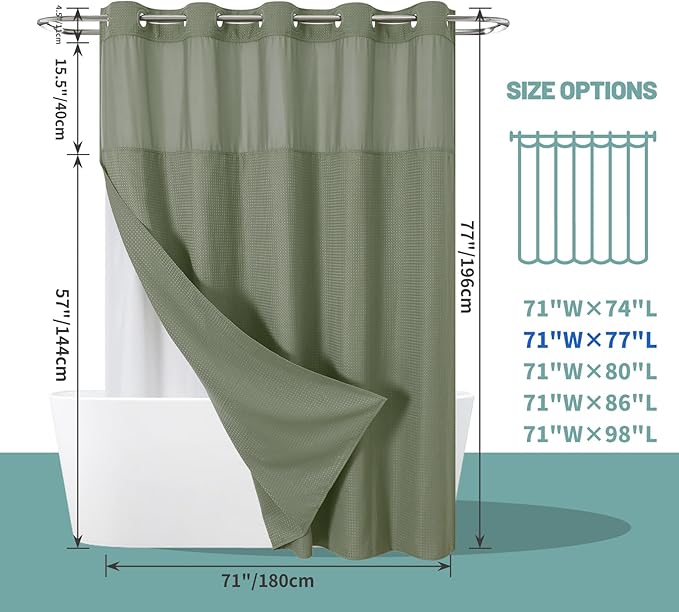 SageGreen No Hook Waffle Weave Shower Curtain with snap-in Liner Replacement, 230GSM Waterproof Fabric Hotel Shower Curtain Set for Bathroom, Through Mesh Top Window,71Wx77H
