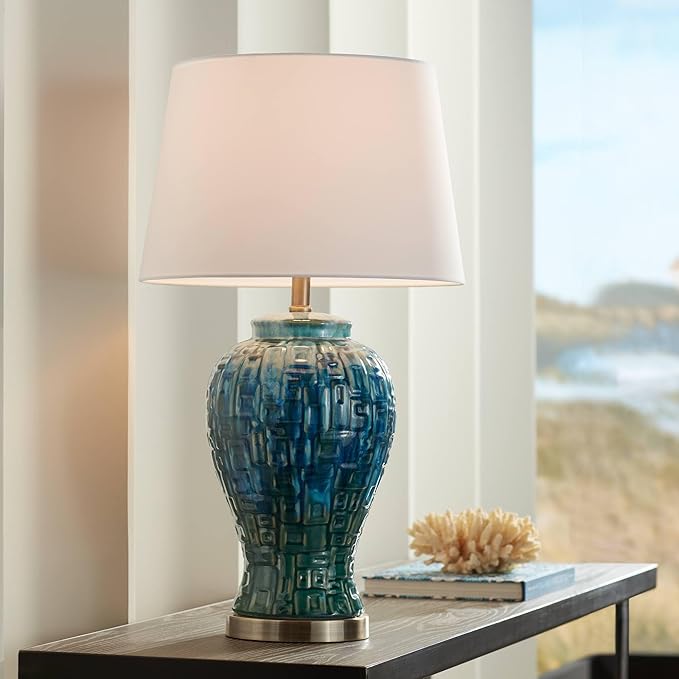 Possini Euro Design Antique Asian Style Temple Jar 3-Way Table Lamps with Table Top Dimmer Handmade 27" Tall Teal Color Ceramic White Fabric Empire Shades for Living Room Bedroom House (Colors May