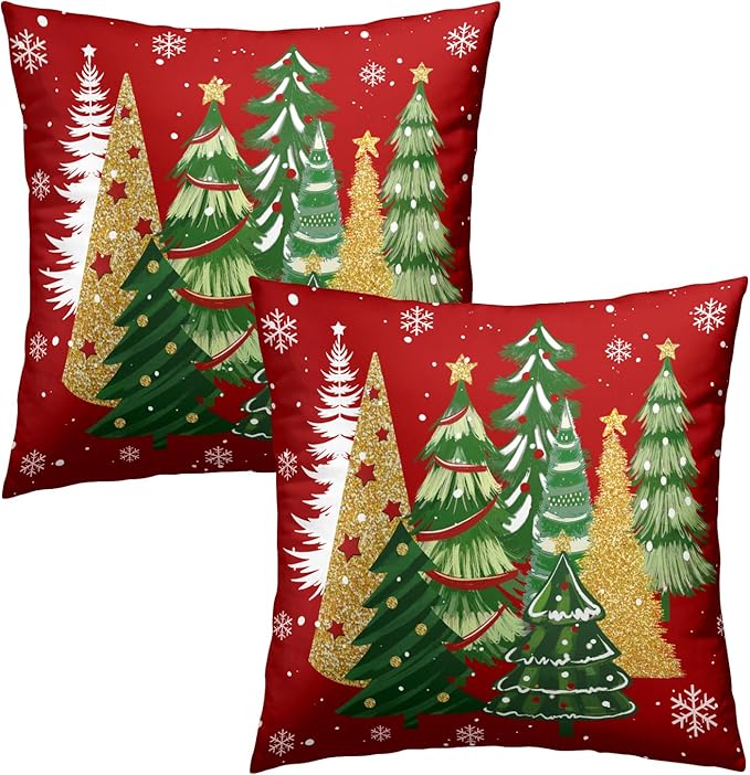 Christmas Red Throw Pillow Covers 16x16, Set of 2 Gold Green Xmas Trees Snowflakes Decorative Pillow Cases Square Cushion Cover for Couch Sofa Bed Farmhouse Holiday Decoration