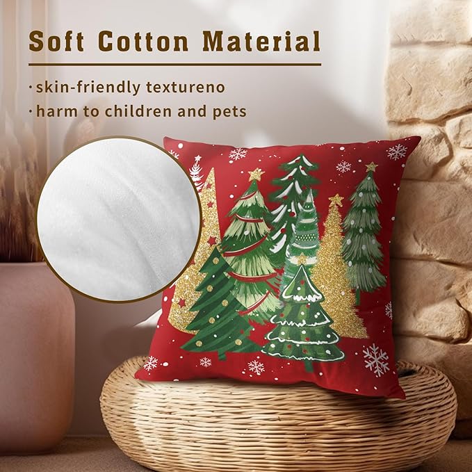 Christmas Tree Pillow Covers 22 x 22 Inch 2PCs Xmas Trees Gold Green Red Winter Holiday Decorative Pillow Cases Square Cotton Cushion Cover for Bed Sofa Cushion Car Decor